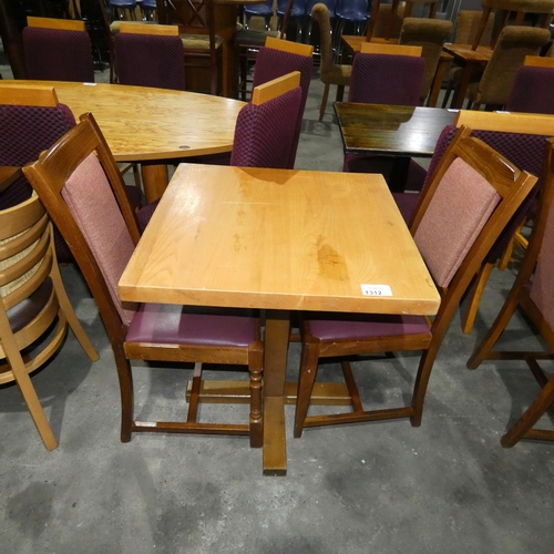 1312 - A square wooden restaurant/pub type table with 2 matching purple upholstered dining chairs