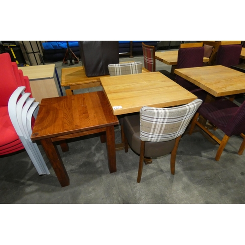 1315 - 2 square wooden restaurant/pub type tables with 2 matching brown patterned upholstered dining chairs