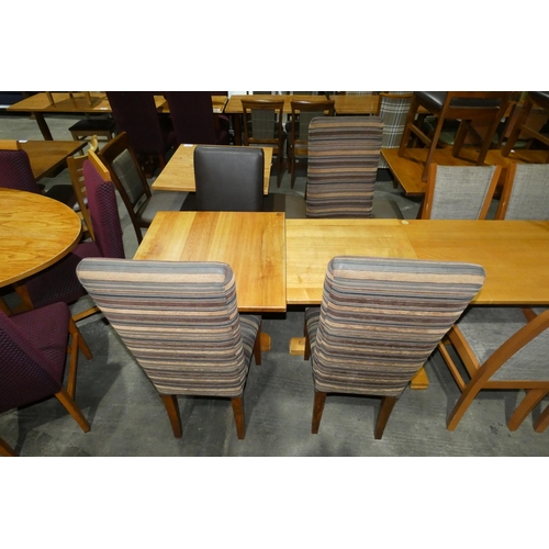 1319 - 2 square wooden restaurant/pub type tables with 4 various brown patterned upholstered dining chairs