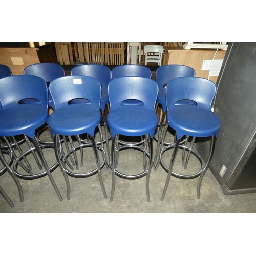 1349 - 6 tall chrome effect metal framed blue plastic tall stools