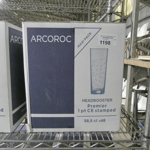 1198 - A box of 48 CE Stamped 1 pint headbooster glasses by Arcoroc, unopened