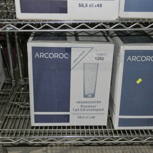 1202 - A box of 48 CE Stamped 1 pint headbooster glasses by Arcoroc, unopened