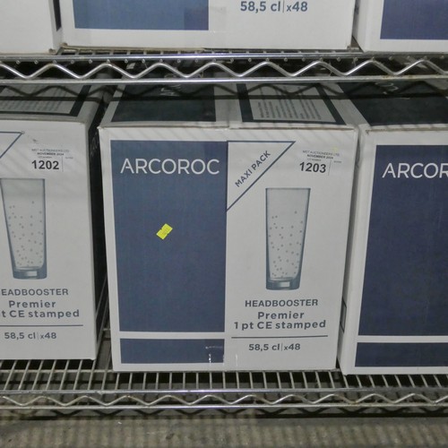 1203 - A box of 48 CE Stamped 1 pint headbooster glasses by Arcoroc, unopened