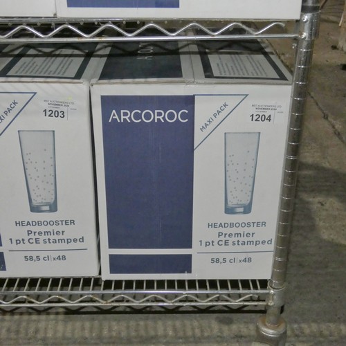 1204 - A box of 48 CE Stamped 1 pint headbooster glasses by Arcoroc, unopened