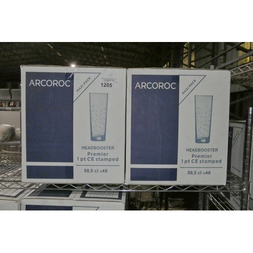 1205 - 2 boxes of 48 CE Stamped 1 pint headbooster glasses by Arcoroc, unopened