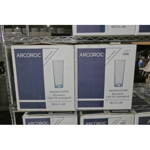 1206 - 2 boxes of 48 CE Stamped 1 pint headbooster glasses by Arcoroc, unopened