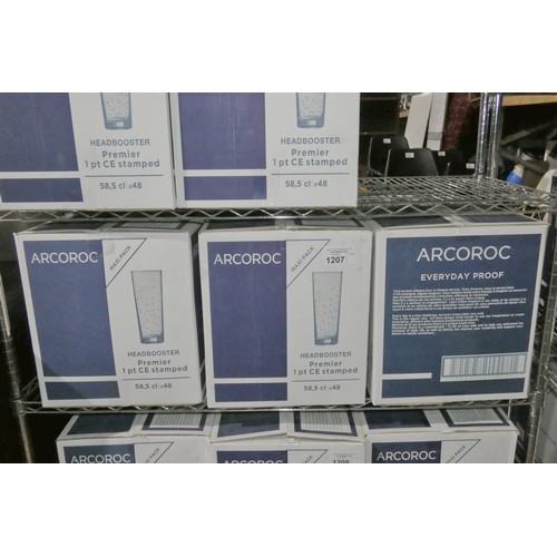 1207 - 3 boxes of 48 CE Stamped 1 pint headbooster glasses by Arcoroc, unopened