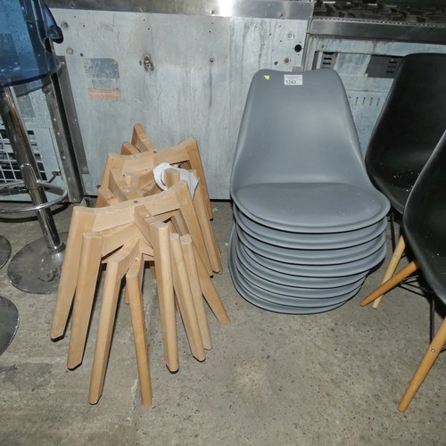 1243 - 8 x grey plastic chairs with wooden legs, please note they need to be assembled