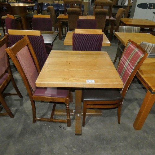 1313 - A square wooden restaurant/pub type table with 2 matching purple upholstered dining chairs