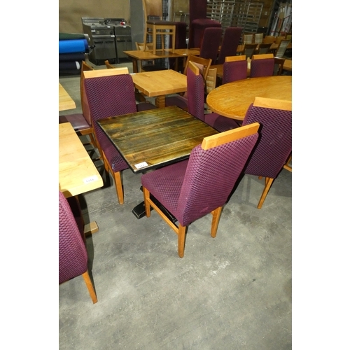 1317 - A square wooden restaurant/pub type table with 2 matching purple upholstered dining chairs