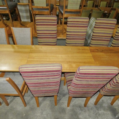 1321 - A rectangular wooden restaurant/pub type table with 4 matching purple striped upholstered dining cha... 