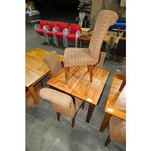 1329 - A square wooden restaurant/pub type table with 4 matching upholstered dining chairs