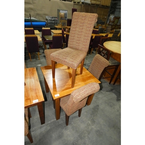 1330 - A square wooden restaurant/pub type table with 4 matching upholstered dining chairs