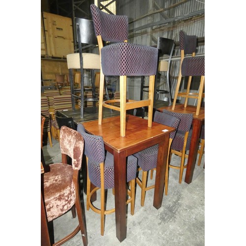 1335 - A tall square wooden restaurant/pub type table with 3 purple patterned upholstered tall dining stool... 