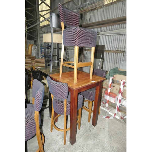 1336 - A tall square wooden restaurant/pub type table with 3 purple patterned upholstered tall dining stool... 