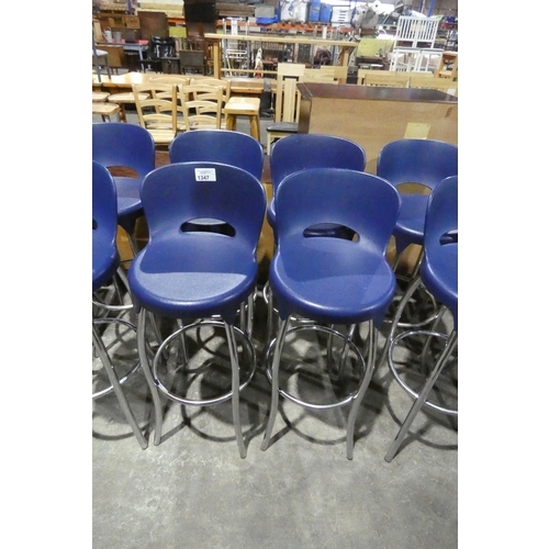 1347 - 4 tall chrome effect metal framed blue plastic tall stools