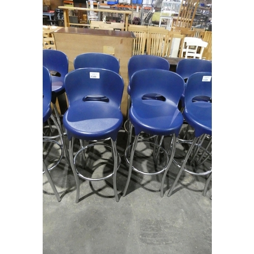 1348 - 4 tall chrome effect metal framed blue plastic tall stools