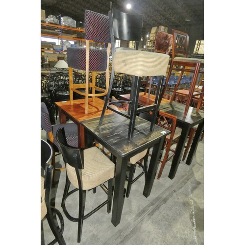 1325 - A tall square wooden restaurant/pub type table with 3 matching upholstered tall dining stools with b... 