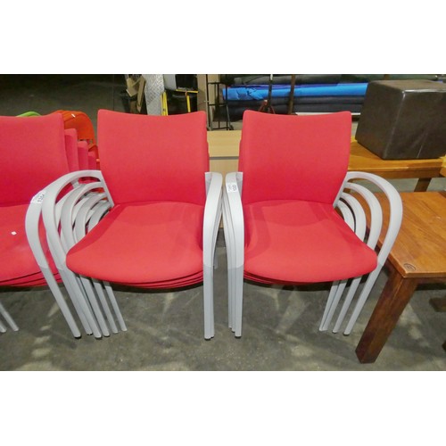 1353 - 8 x grey metal framed red upholstered stacking meeting room chairs