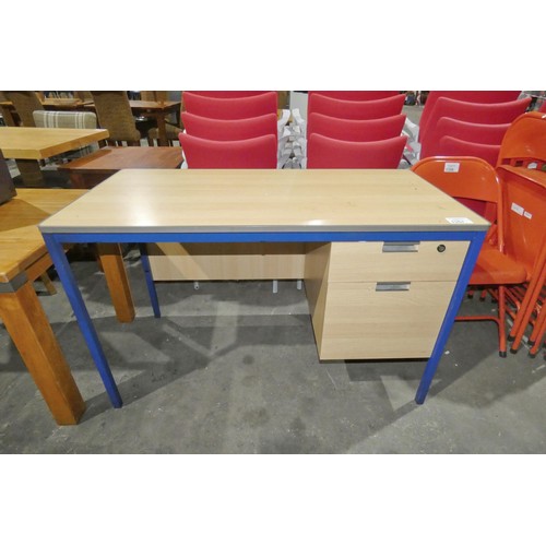 1357 - A light wood effect 2 drawer office desk with blue metal frame approx 120x60cm