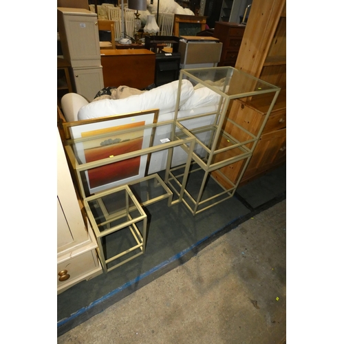 2139 - 4 x various tables with gold coloured metal frames / glass tops and 1 x framed print