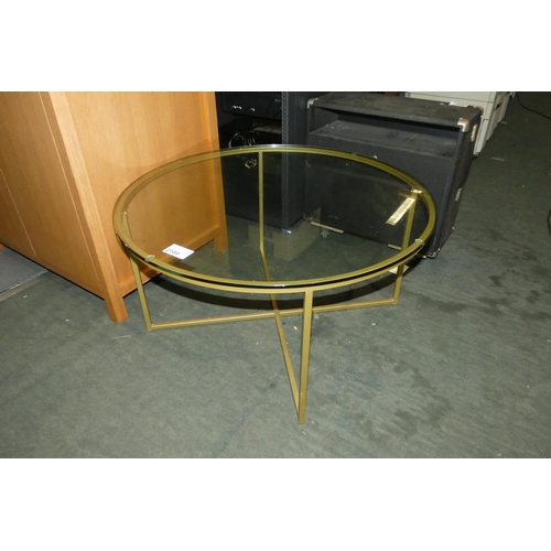 2189 - 1 x circular coffee table with gold coloured metal frame and a glass top diameter approx 90cm