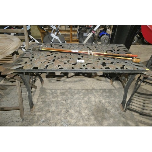 2050 - 1 x metal garden table frame approx 107 x 52cm - Please note the table top edge is missing