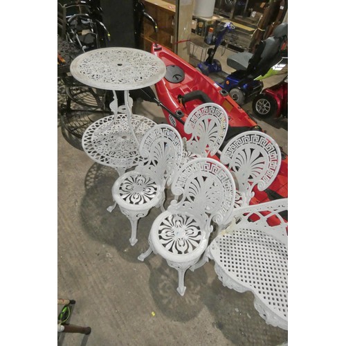 2052 - 4 x white painted metal garden chairs and 2 x white painted metal garden tables