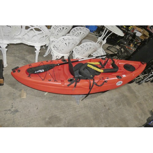 2056 - 1 x red plastic kayak by Fun Kayaks approx 2.65m long supplied with a small kayak trolley, an oar an... 