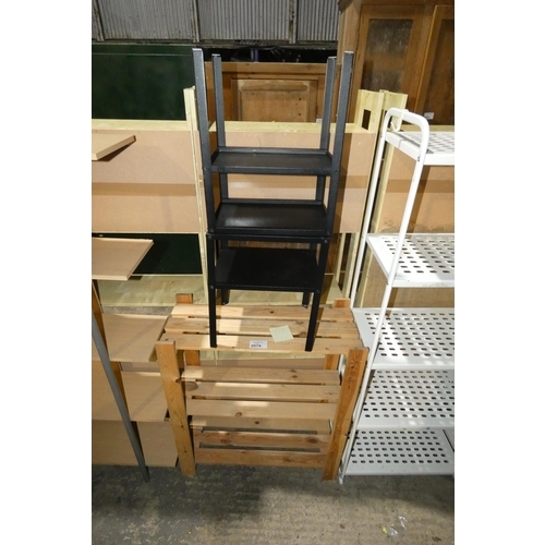 2079 - 1 x Pine shelf unit approx 75 x 31 x 88cm high and 2 x small black metal shelf units each approx 37 ... 