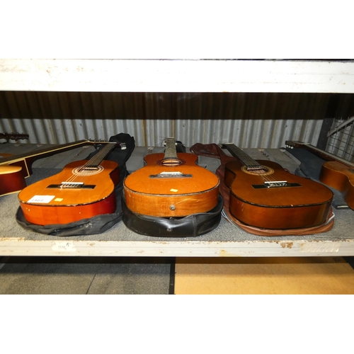 2469 - 3 x various acoustic guitars with soft carry cases, Hokada, Hi Spot & Lauren