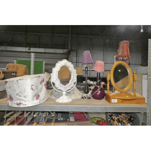 2114 - A quantity of various items including table lamps 240v, a Pine dressing table mirror, a white dressi... 