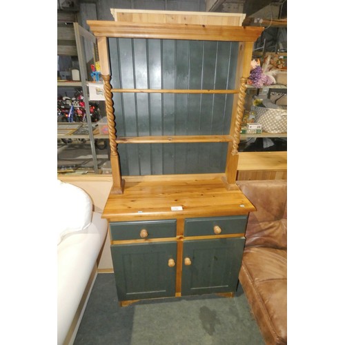 2150 - A Pine two part dresser with dark green painted door fronts / back panel approx 91 x 44 x 181cm high