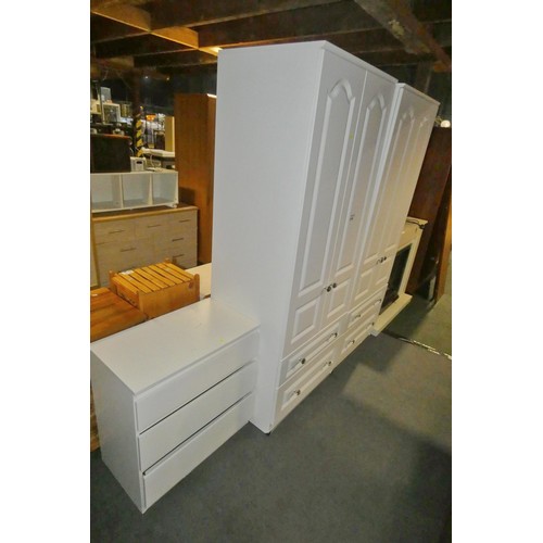 2156 - 2 x white two door / two drawer wardrobes each approx 77 x 56 x 197cm high and 1 x white chest of 3 ... 