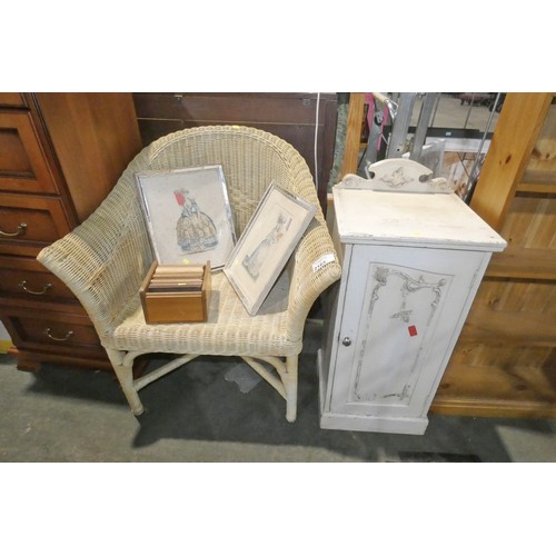 2165 - 1 x conservatory type chair, 2 x framed vintage prints of ladies, 1 x small painted single door cabi... 