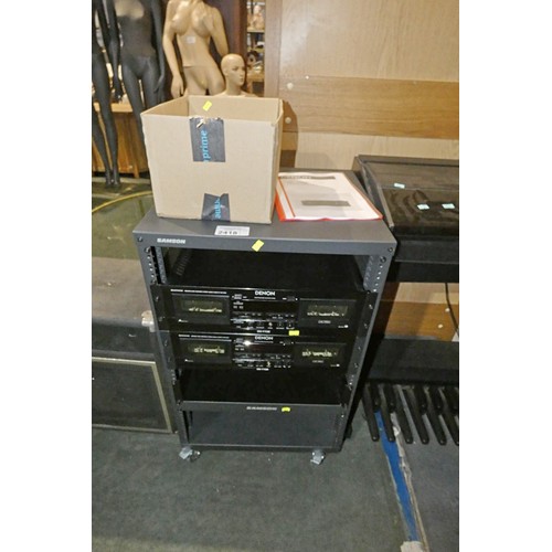 2418 - A mobile rack mount unit by Samson with 2 twin cassette recorders by Denon type DN770R, a quantity o... 