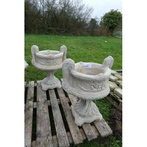 2687 - A pair of large concrete 2 handled urn type planters