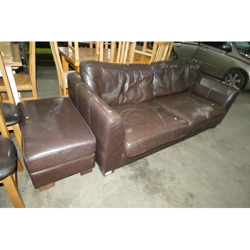 2744 - A 3 person brown leather upholstered sofa with matching pouffe