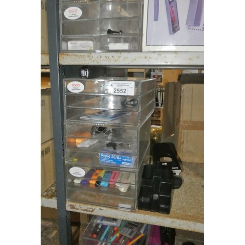 2552 - 3 x 3 drawer desk tidy transparent cabinets & a quantity of various office related items