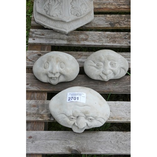 2701 - 3 x concrete garden funny face stones