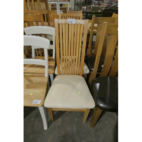 2742 - 2 x wooden framed high back cream upholstered dining chairs