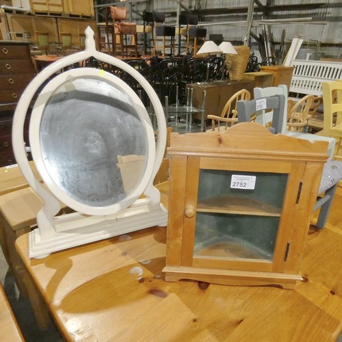 2752 - A dressing table mirror in cream and a small wall mounted wooden single door corner cabinet