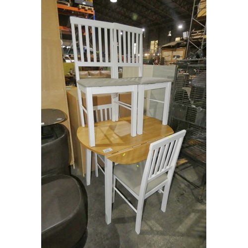 2774 - A wooden drop leaf table with white legs and 4 matching chairs with grey upholstered seats