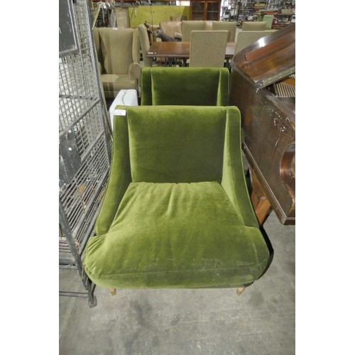 2776 - 2 vintage style green velvet effect designer armchairs Front legs requires attention. no Lables
size... 