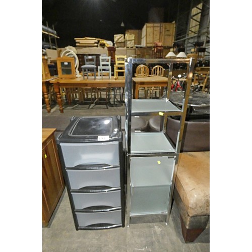 2785 - A plastic storage unit with 4 drawers and a frosted glass display unit with a single door cupboard