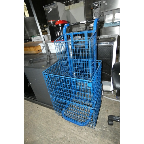 1365 - 1 x blue metal mesh post room type trolley and 1 x black metal hat / coat stand