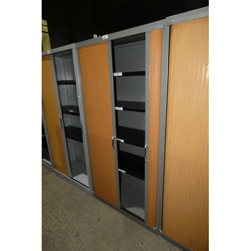 1369 - 1 x grey metal cabinet with wood effect tambour door approx 100 x 45 x 198cm high