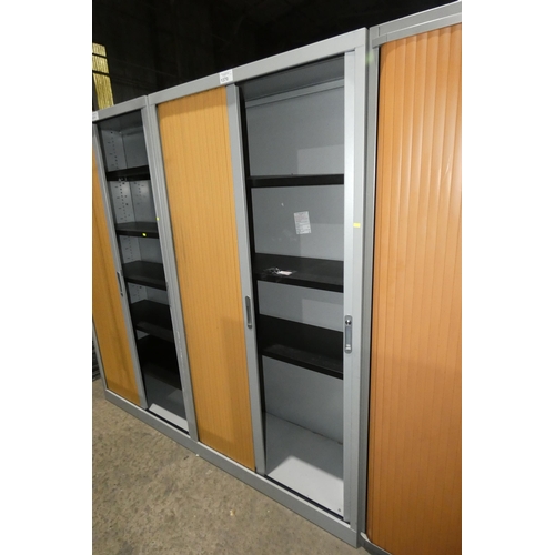 1370 - 1 x light grey metal cabinet with wood effect tambour door approx 102 x 45 x 198cm high