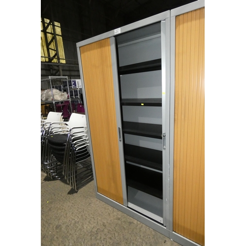 1371 - 1 x light grey metal cabinet with wood effect tambour door approx 102 x 45 x 198cm high