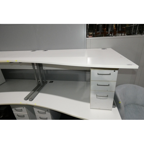 1433 - 1 x white piano / wave front office table approx 140 x 100cm supplied with a white under work top pe... 